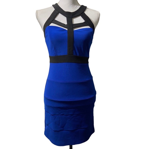 Crystal Doll Women Bodycon Blue Black Halter Top Dress Size 3 Preppy Retro Glam‎ - Picture 1 of 12